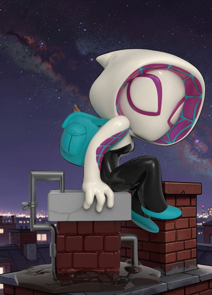 Spider-Gwen Chibi — telhado noturno